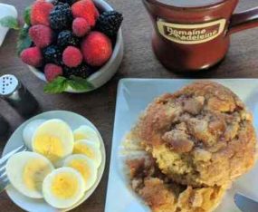 fruit, eggs, muffins and coffee