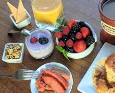 Fruit, orange juice, coffee, breakfast