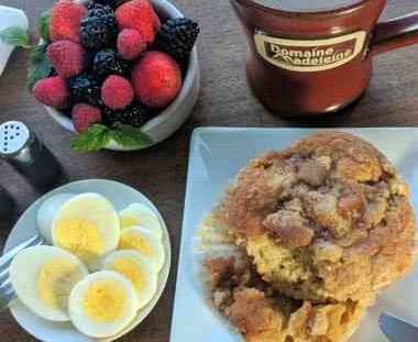fruit, eggs, muffins and coffee