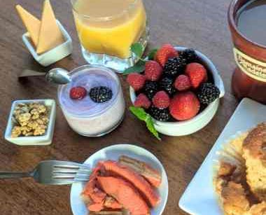 Fruit, orange juice, coffee, breakfast