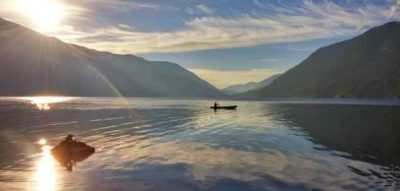 Lake between mountains with people in boats