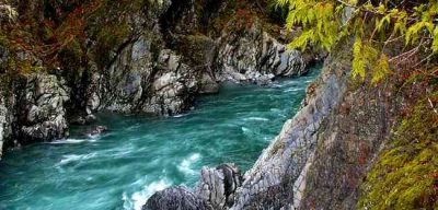 Creek with rushing water between rocks