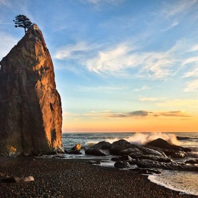 Standing stone with tree on top at shoreline