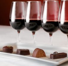 Glasses of red wine and chocolates