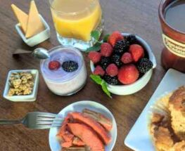 Fruit, orange juice, coffee, breakfast